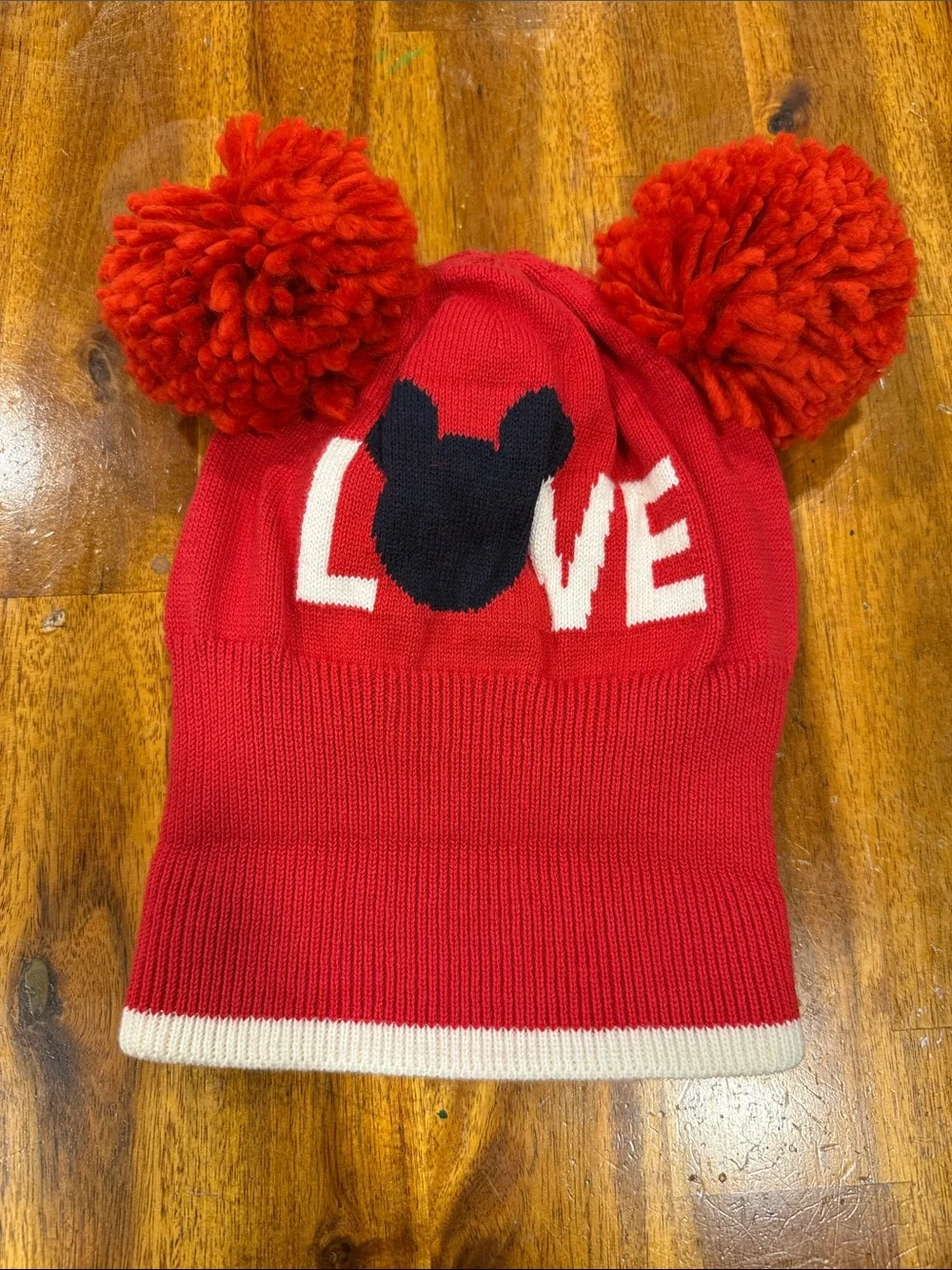 GAP x Disney Red Kids Pom-Pom Beanie with LOVE and Character Motif